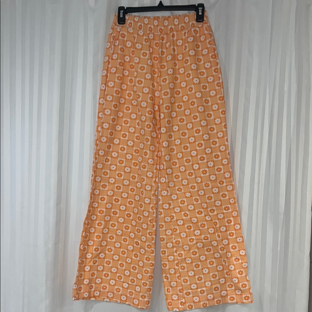 Cotton On Orange & White Wide Leg Pants Elastic Waisted Flower Design w/Pockets